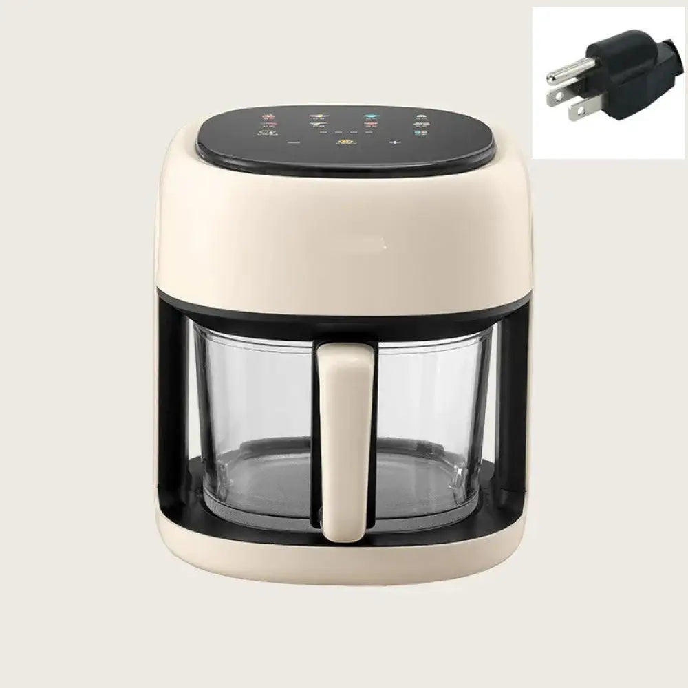 Cream-colored large capacity visual smart air fryer with black control panel and clear glass viewing window basket
