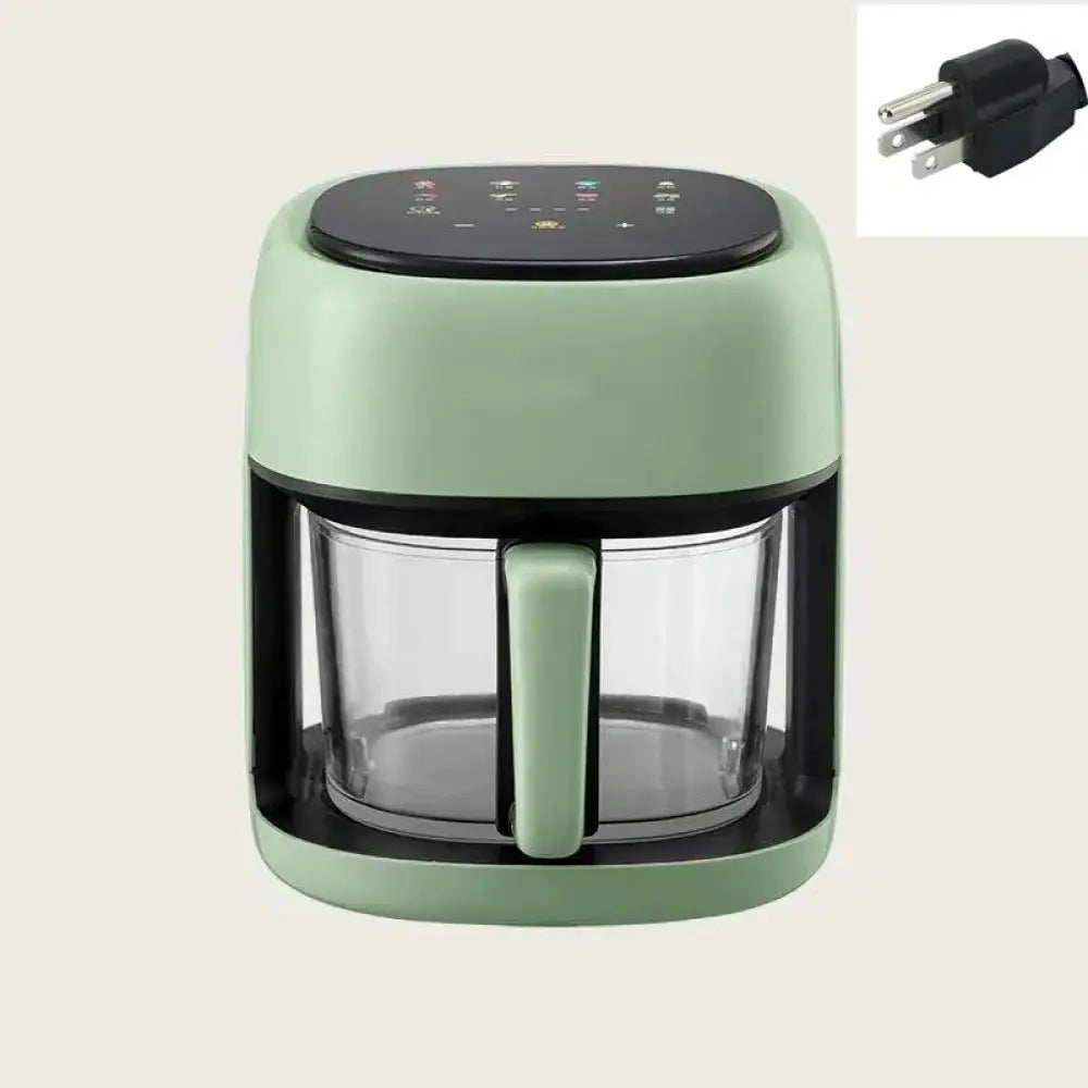 Large capacity visual smart air fryer in mint green with black control panel and clear glass basket for easy viewing