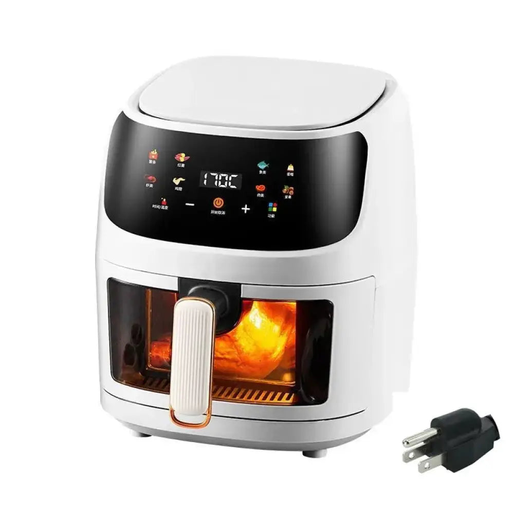 Large capacity visual smart air fryer in white with black digital panel and transparent door showing cooking food inside