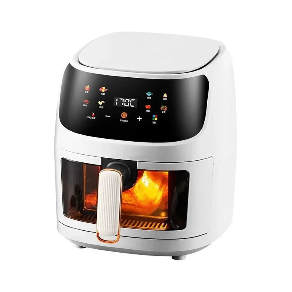 Large capacity visual smart air fryer in white with black digital panel and transparent door showing golden food cooking