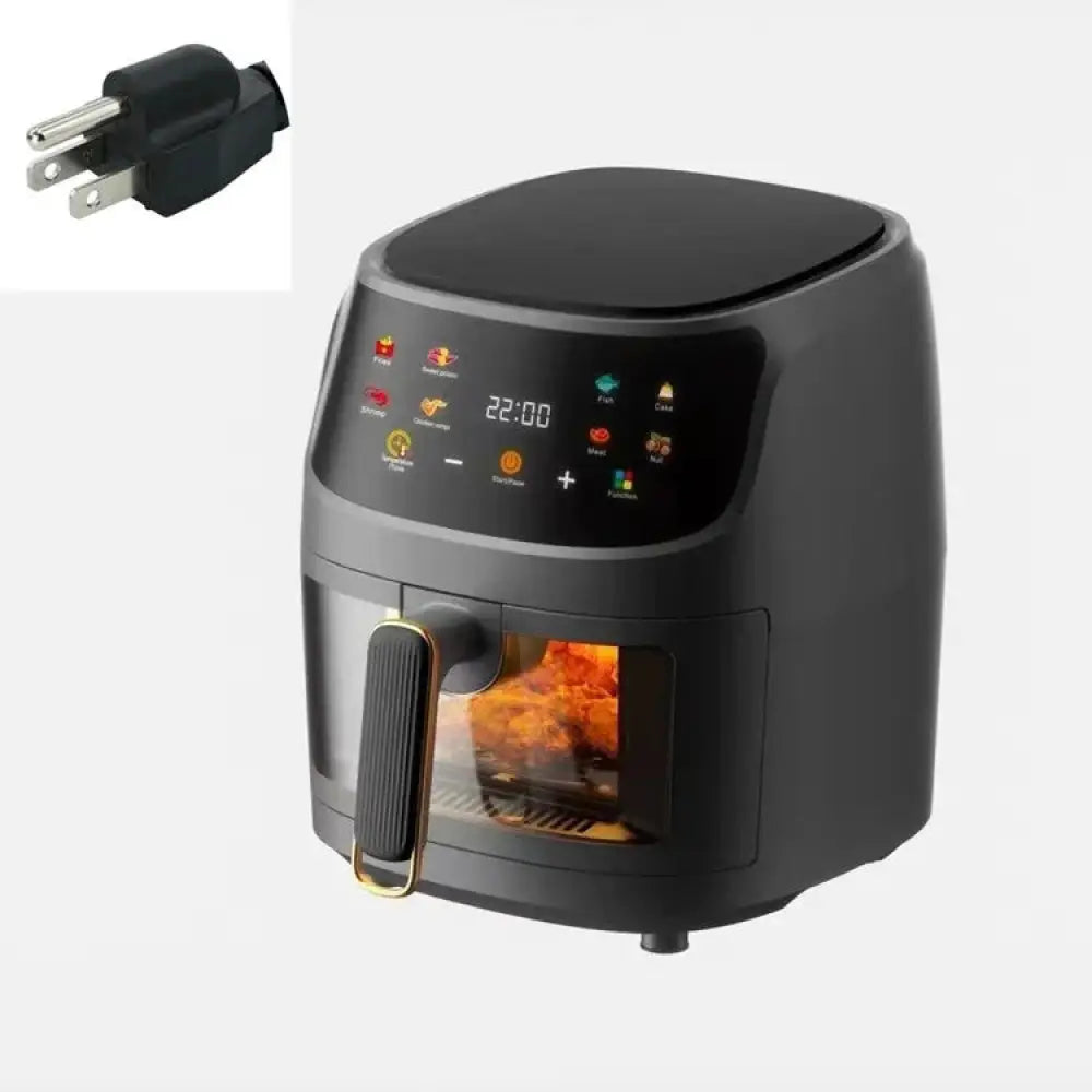 Black large capacity visual smart air fryer with digital display colorful buttons and transparent window showing golden food