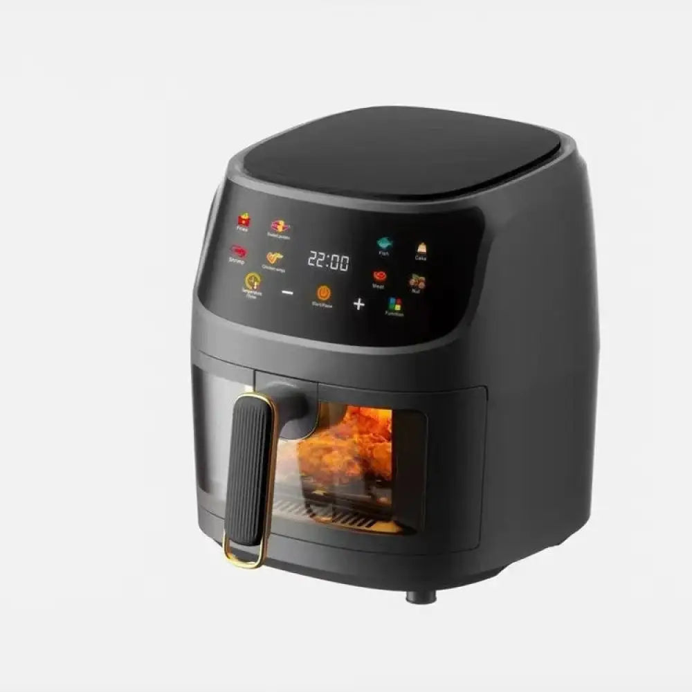 Large capacity black digital air fryer with viewing window showing golden-brown chicken and colorful illuminated icons
