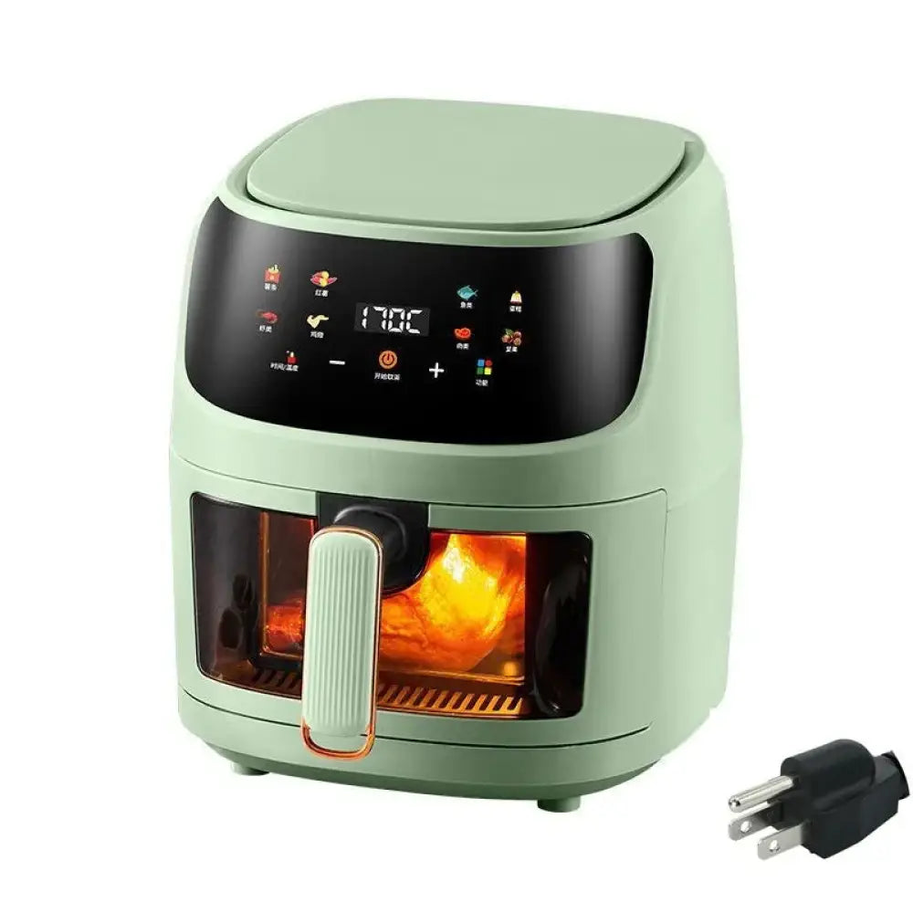 Large capacity mint green air fryer with digital control panel and transparent viewing window for smart cooking