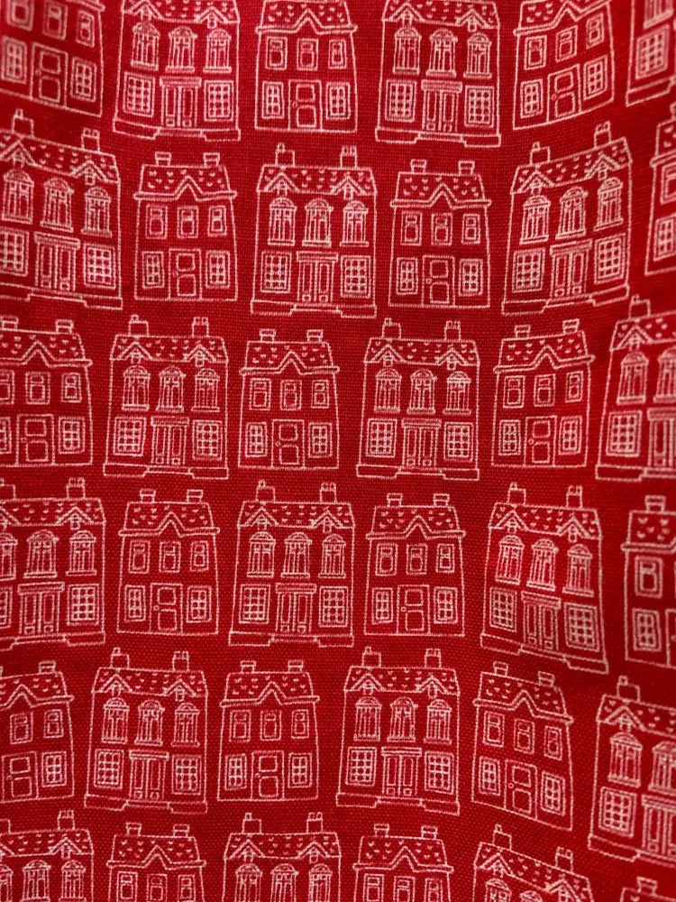 Home sweet home red house print cotton fit and flare dress with red fabric and white outlined house pattern