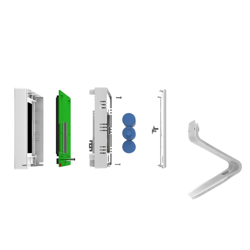 White plastic home switch desktop stand with green internal component and blue circular parts for thermostats and clocks