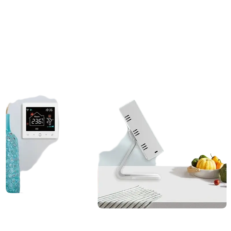White rectangular smart thermostat with digital display and touch controls on sleek home switch desktop stand