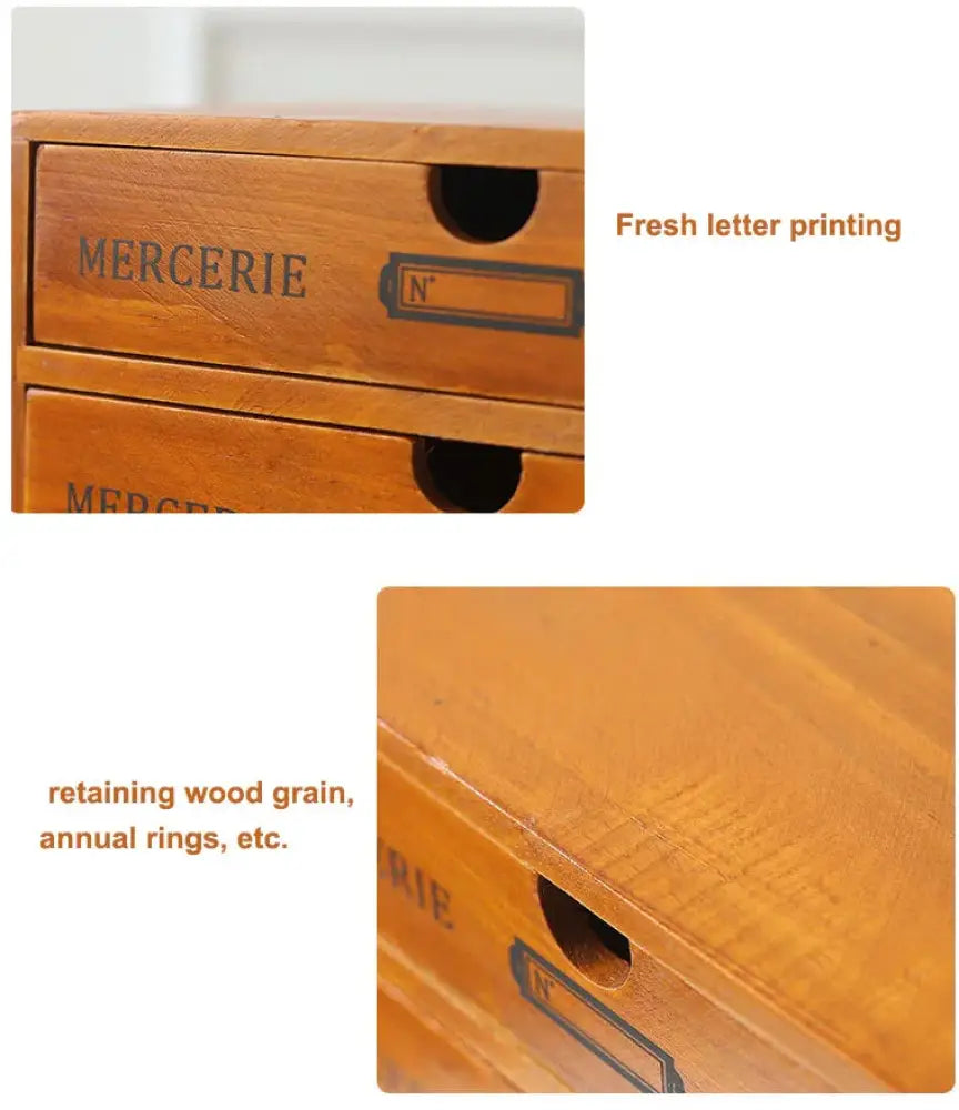 Light brown wooden lockable storage box with vintage drawers labeled mercerie and a small rectangular n label