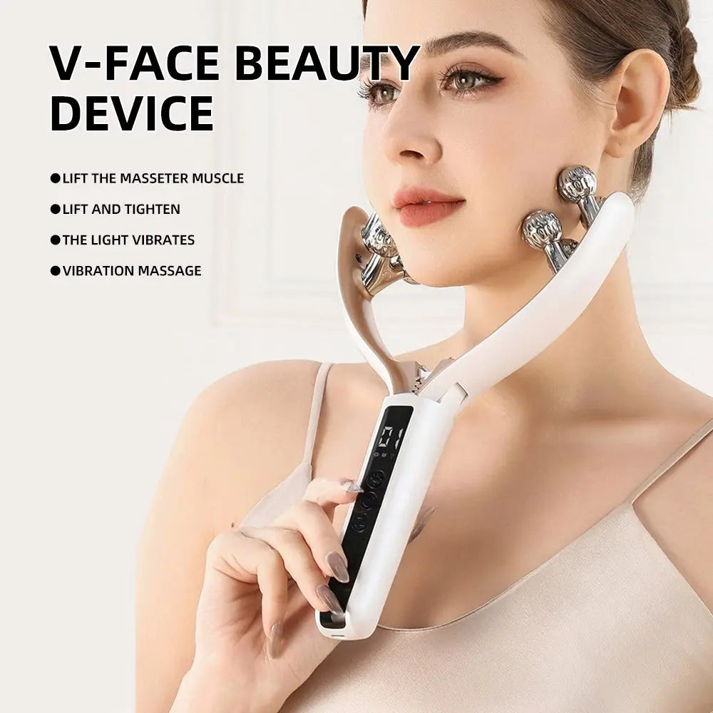 White v-face ems microcurrent dual wave facial lifting roller with metallic rollers and digital control panel