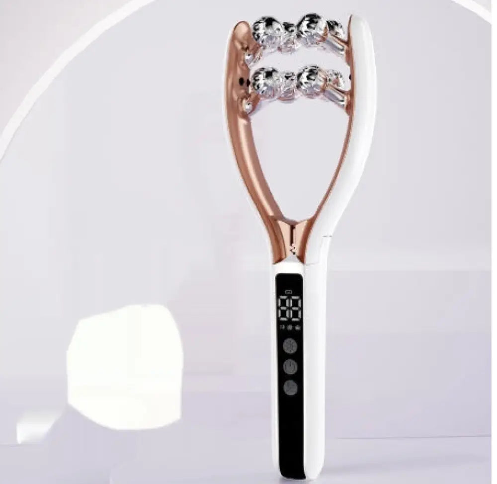 Rose gold and white ems microcurrent dual wave facial lifting roller with clear faceted beads and led display on sleek handle