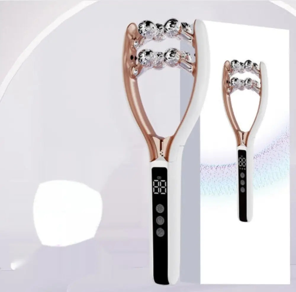 Ems microcurrent dual wave facial lifting roller in rose gold and white with crystal-like beads on the roller head