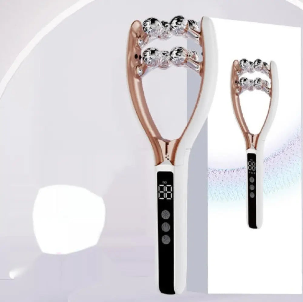 Rose gold and white ems microcurrent dual wave facial lifting roller with clear faceted gemstone-like beads on the head