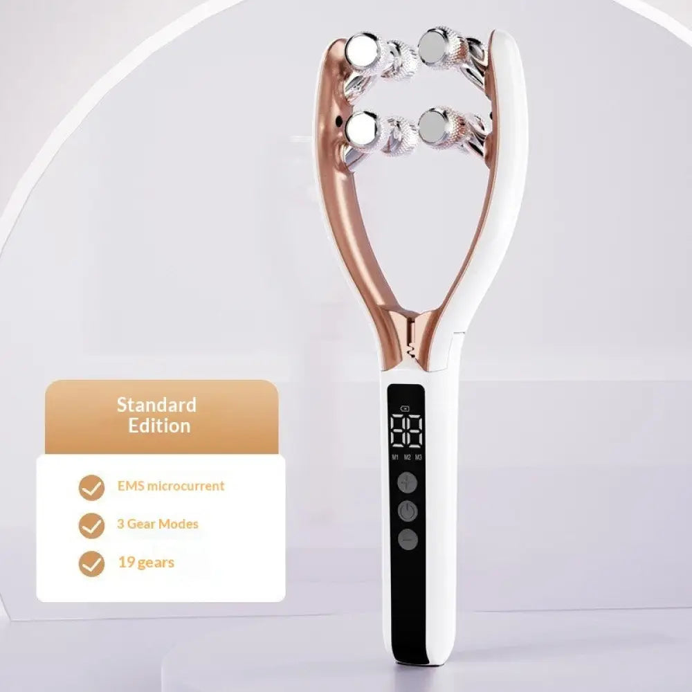 Rose gold and white handheld Ems microcurrent dual wave facial lifting roller with four silver-tipped massage balls and digital display