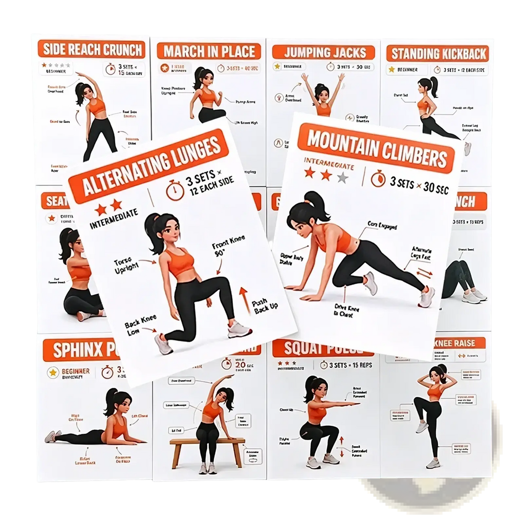 Set of home workout exercise cards featuring cartoon women in orange tops and black leggings demonstrating workouts