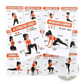 Set of home workout exercise cards featuring cartoon women in orange tops and black leggings demonstrating workouts