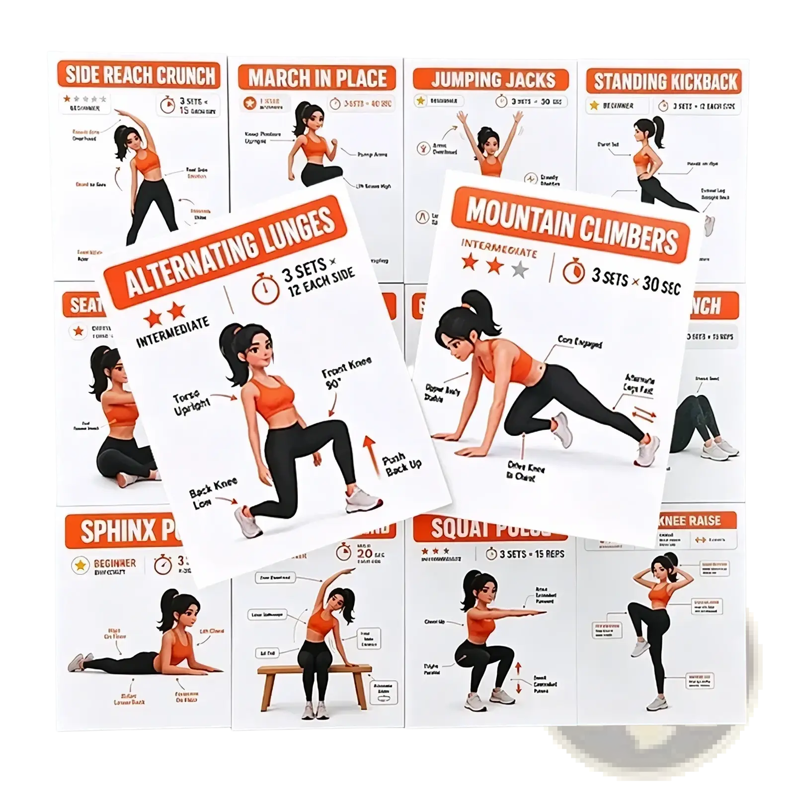 Set of home workout exercise cards featuring cartoon women in orange tops and black leggings demonstrating workouts