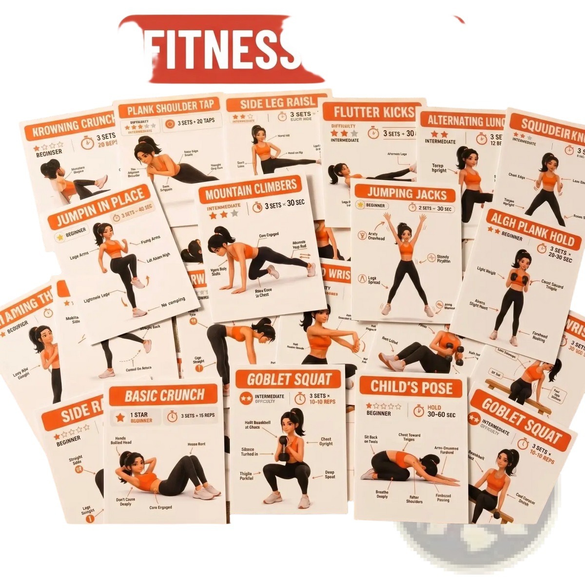 A set of home workout exercise cards with orange and white design featuring illustrated workout routines and instructions