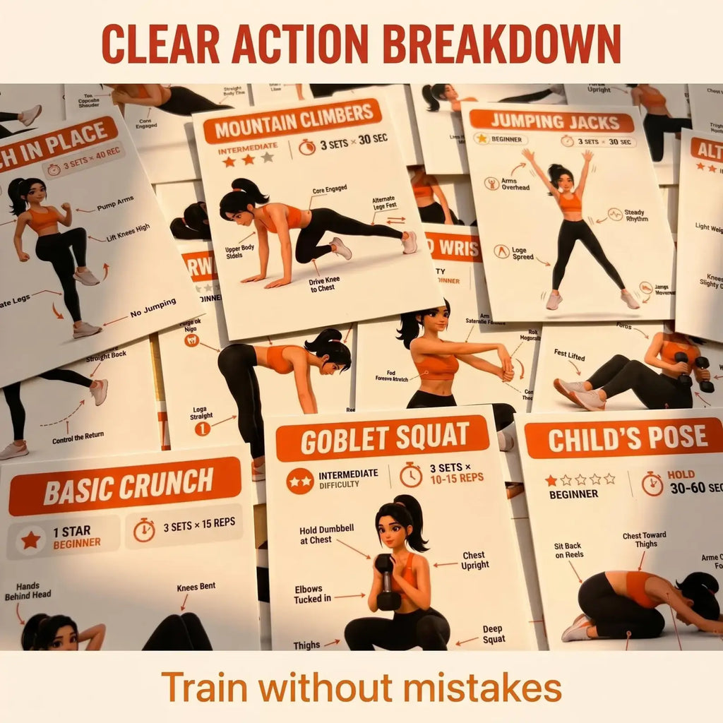 White workout instruction cards with illustrated female athletes in orange tops and black leggings showing exercises steps