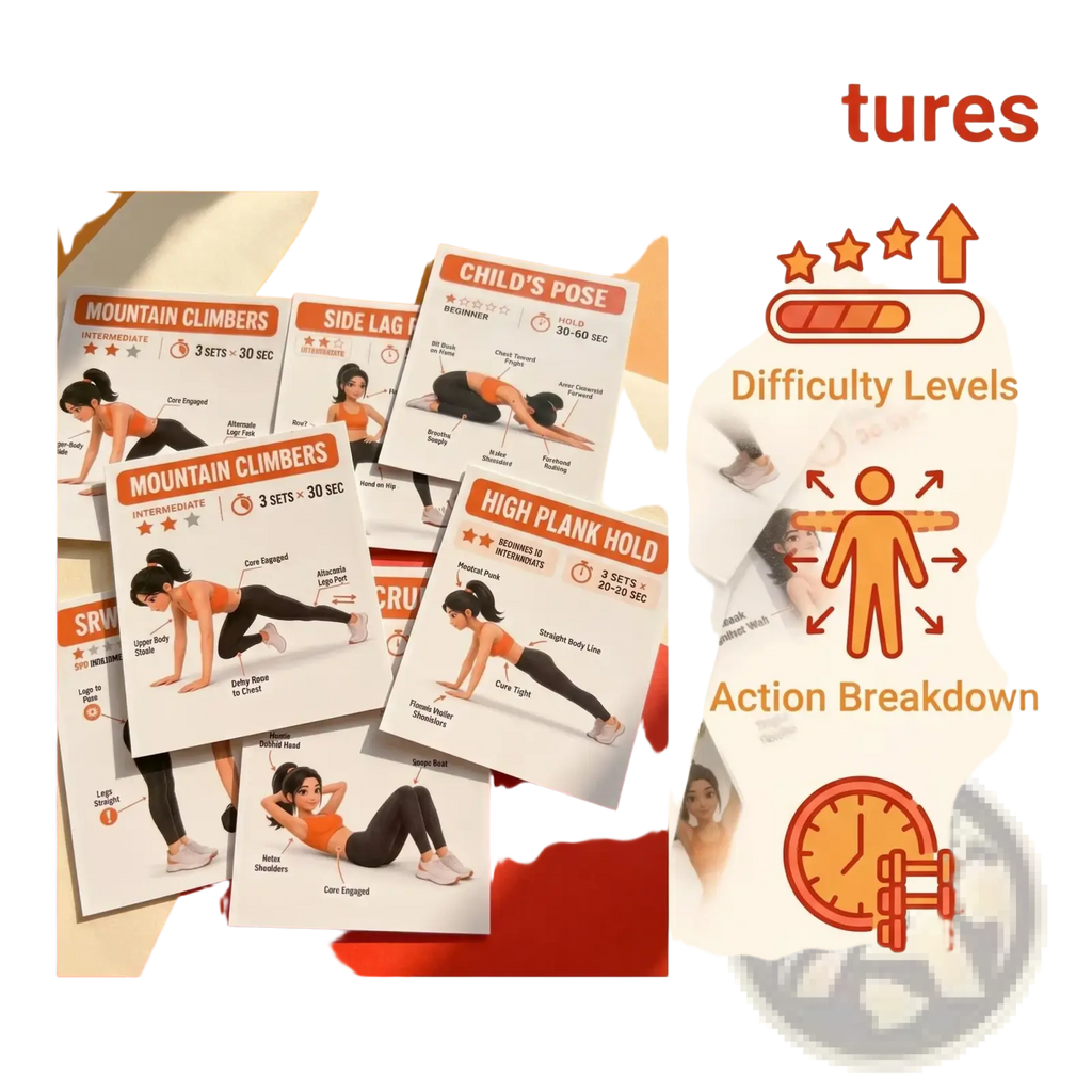White home workout exercise cards with orange and black text featuring illustrated yoga poses like mountain climbers and child’s pose