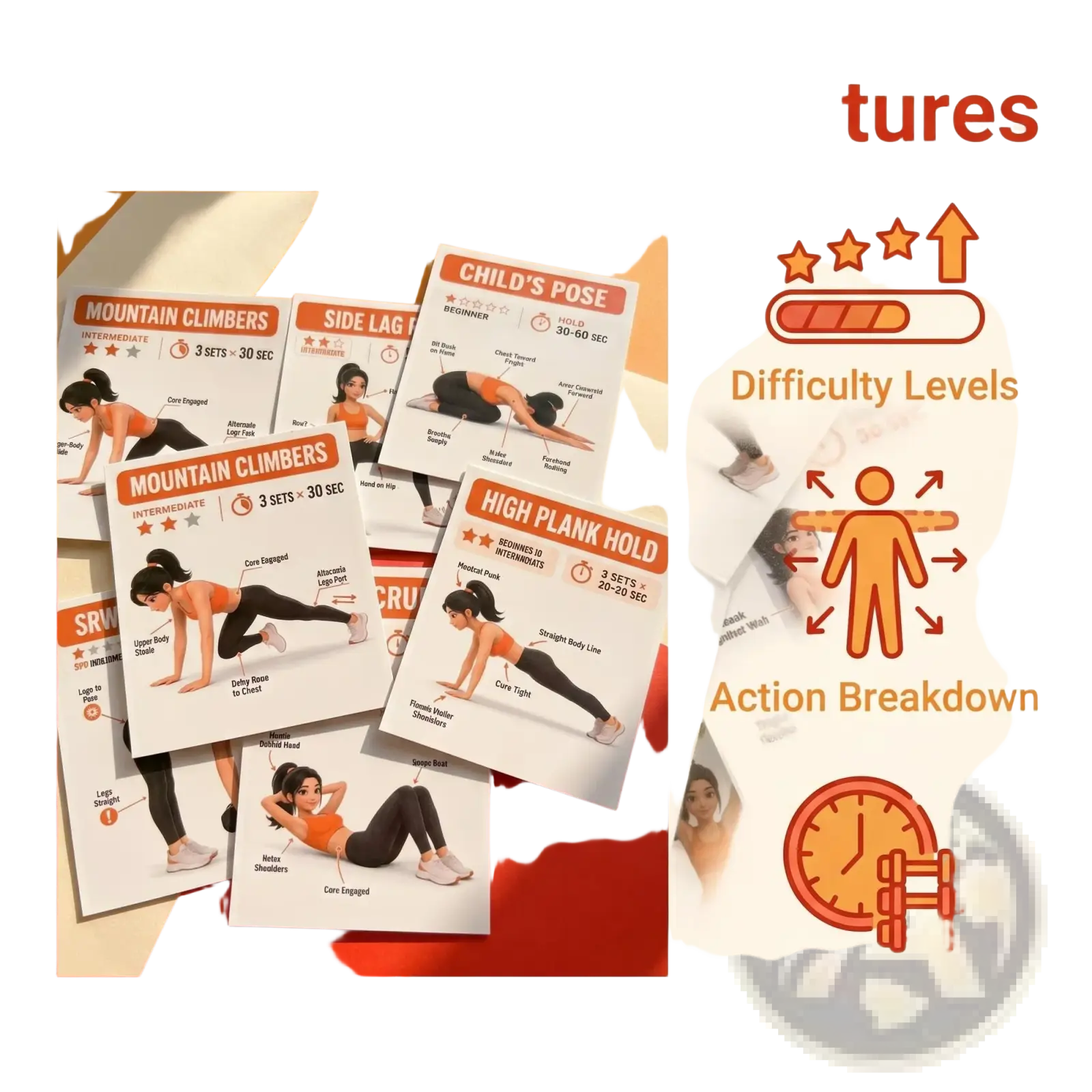 White home workout exercise cards with orange and black text featuring illustrated yoga poses like mountain climbers and child’s pose