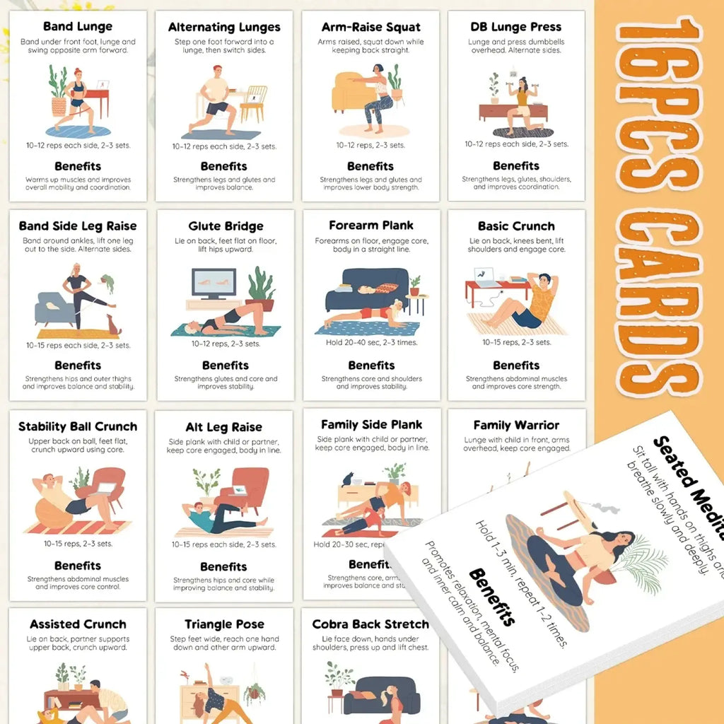 Set of 16 colorful cartoon-style illustrated fitness exercise cards for home workout exercise guidance and routines