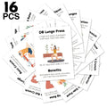 Set of 16 white fitness instruction cards with illustrated exercises and black text for home workout use