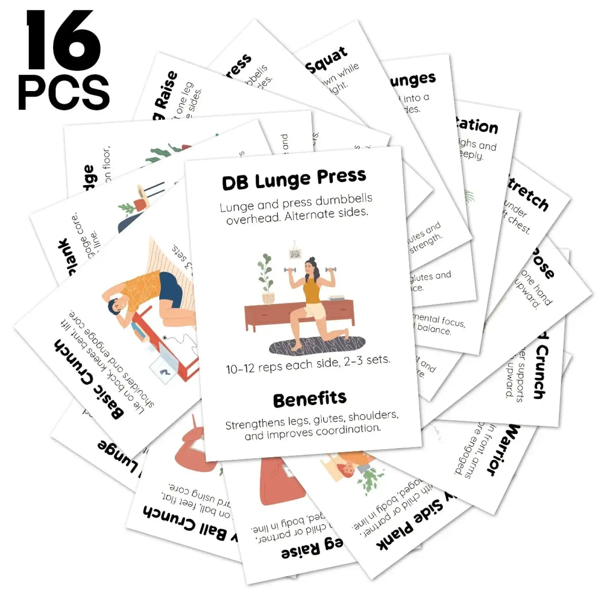 Set of 16 white fitness instruction cards with illustrated exercises and black text for home workout use