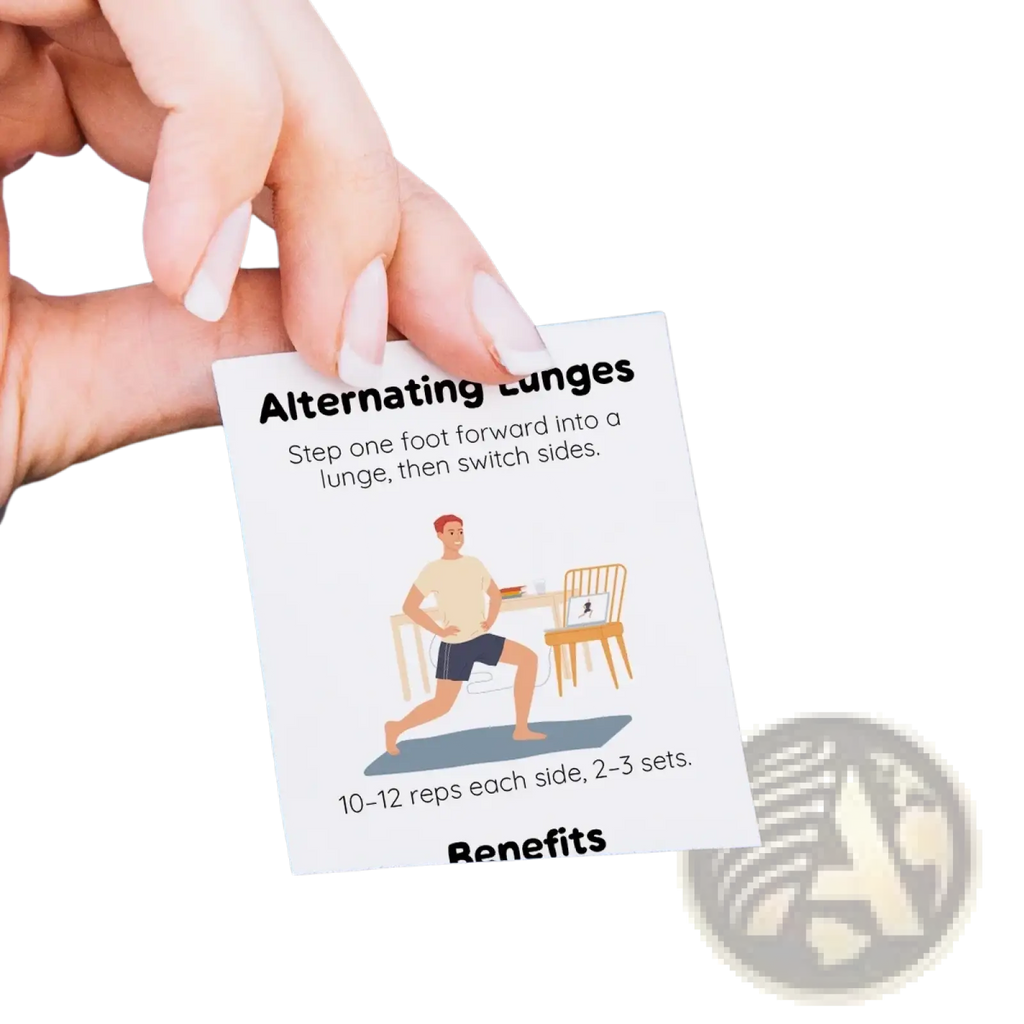 White exercise card with black text and colorful illustration of alternating lunges from home workout exercise cards set held by hand