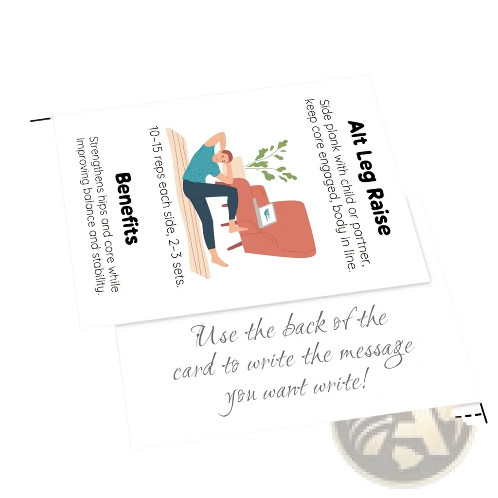 White home workout exercise cards set featuring illustrated exercise instructions and message area on the back in a set of 16
