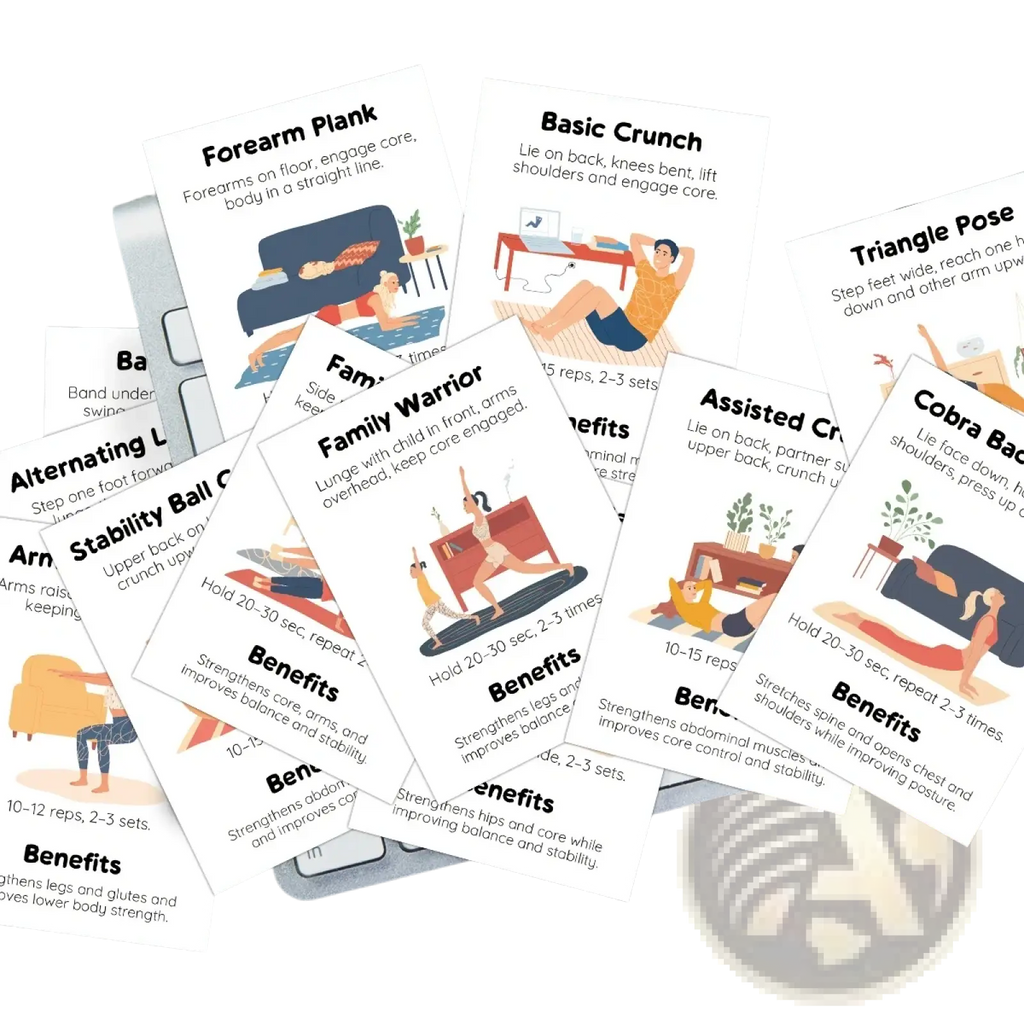 White illustrated home workout exercise cards set with colorful cartoon graphics and black text on keyboard