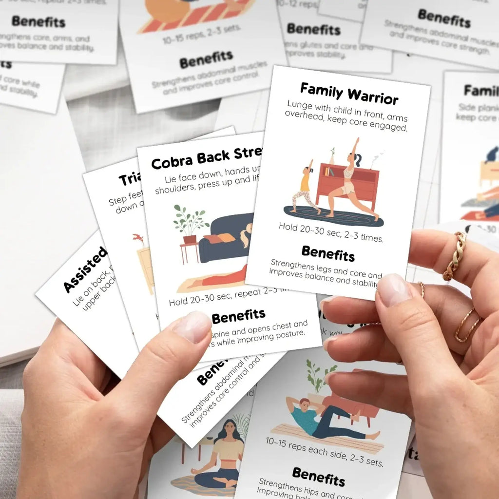 White rectangular fitness instruction cards with colorful exercise illustrations and black text from home workout exercise cards set