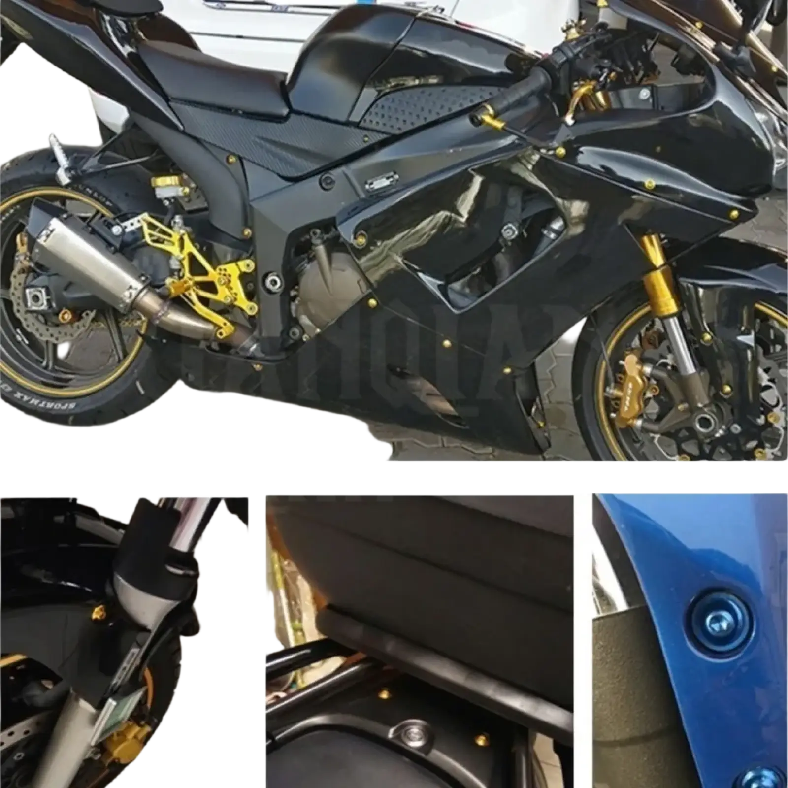 Black and gold sport motorcycle with sleek glossy finish highlighting honda transalp fairing bolts kit components