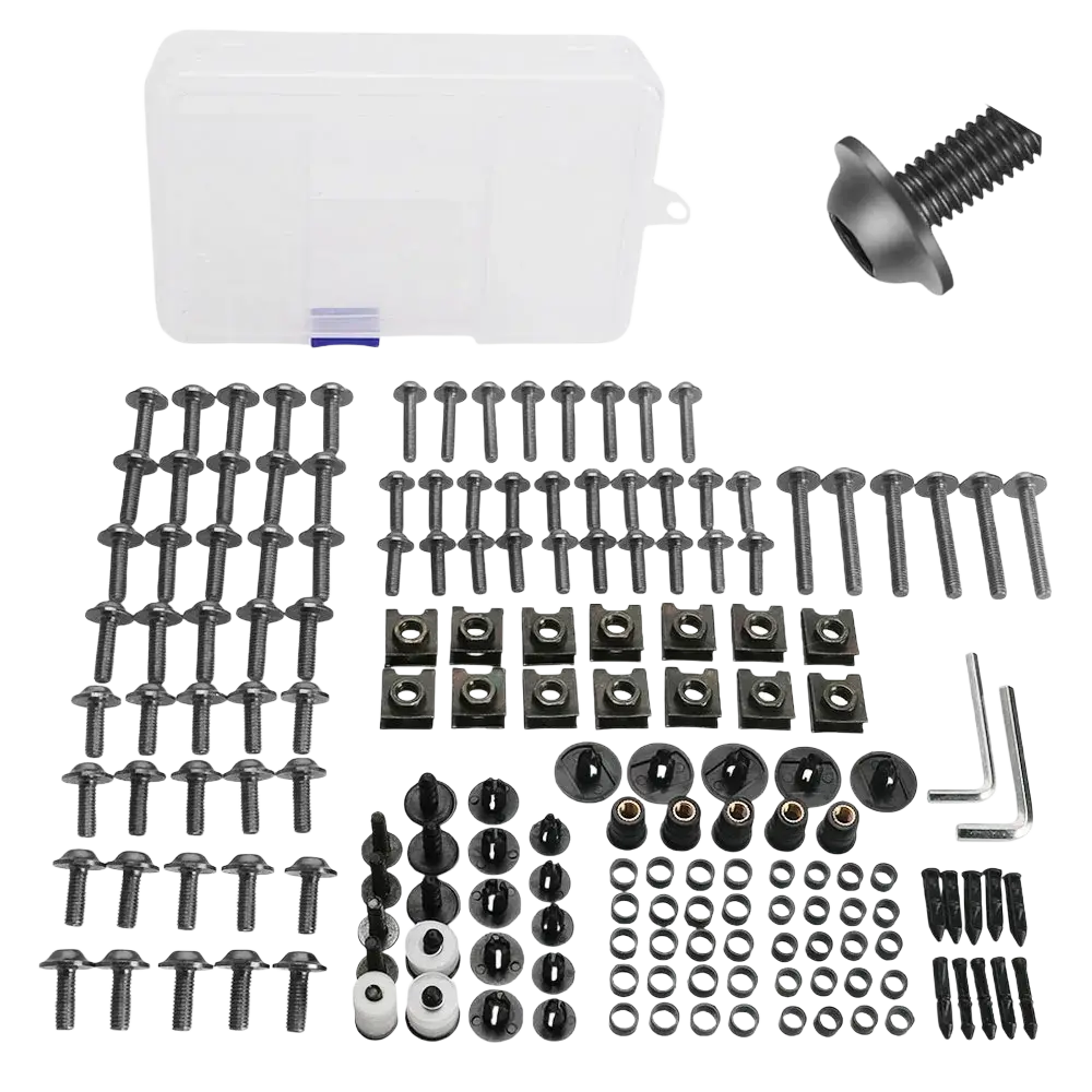 Black metal hardware kit with screws nuts washers and fasteners organized in rows for honda transalp fairing bolts kit
