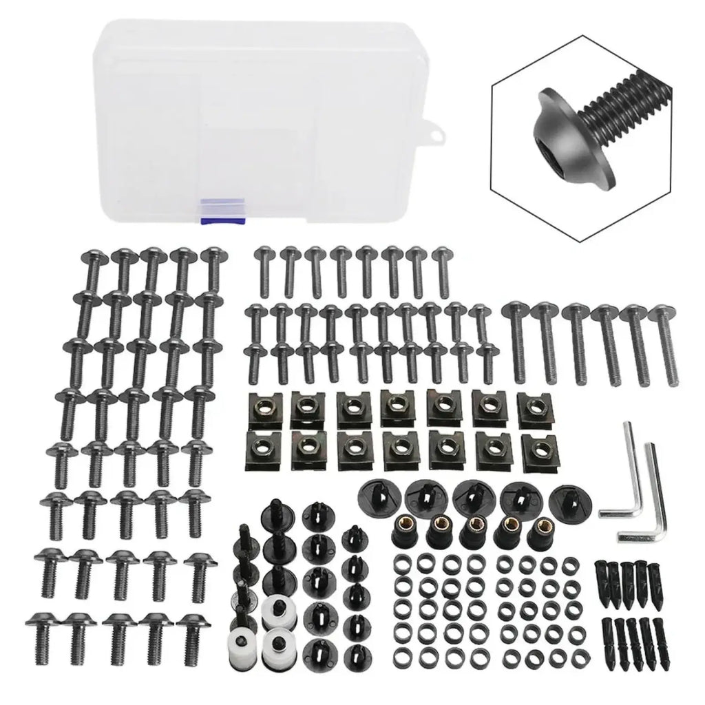 Black metal hardware kit with screws nuts washers and fasteners organized in rows for honda transalp fairing bolts kit