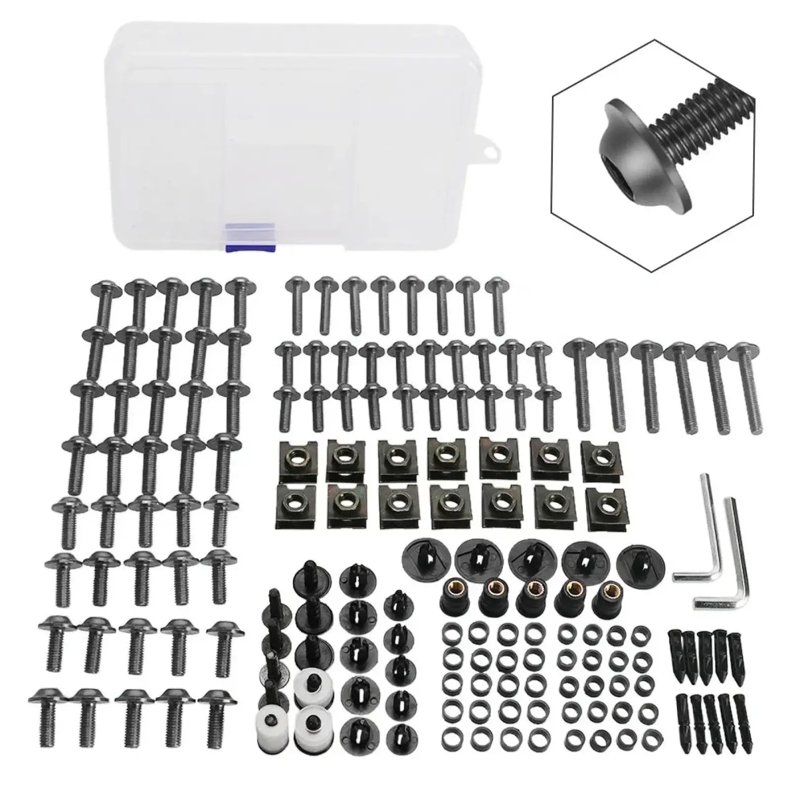 Black metal hardware kit with screws nuts washers and fasteners organized in rows for honda transalp fairing bolts kit