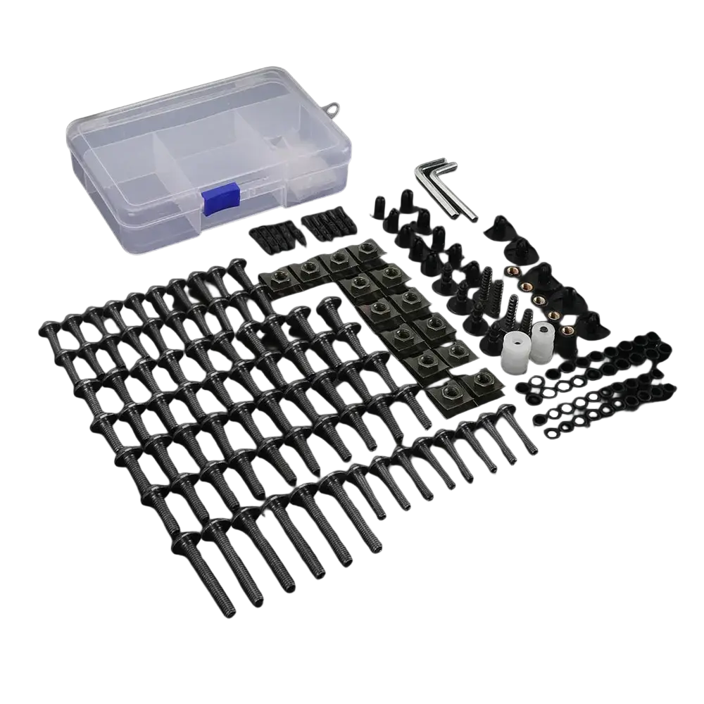 Black metal screws and fasteners neatly arranged in a clear plastic storage box for honda transalp fairing bolts kit