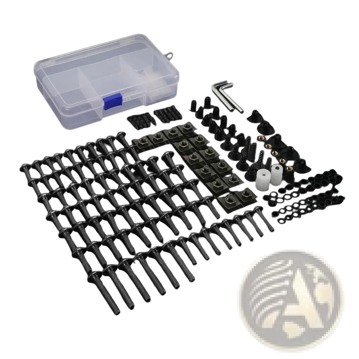 Black metal screws and fasteners neatly arranged in a clear plastic storage box for honda transalp fairing bolts kit