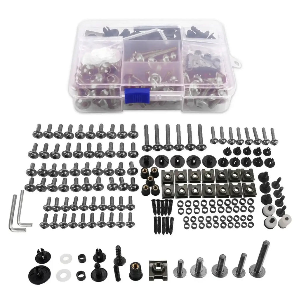 Black and silver metal Honda Transalp fairing bolts kit organized in a clear plastic hardware organizer