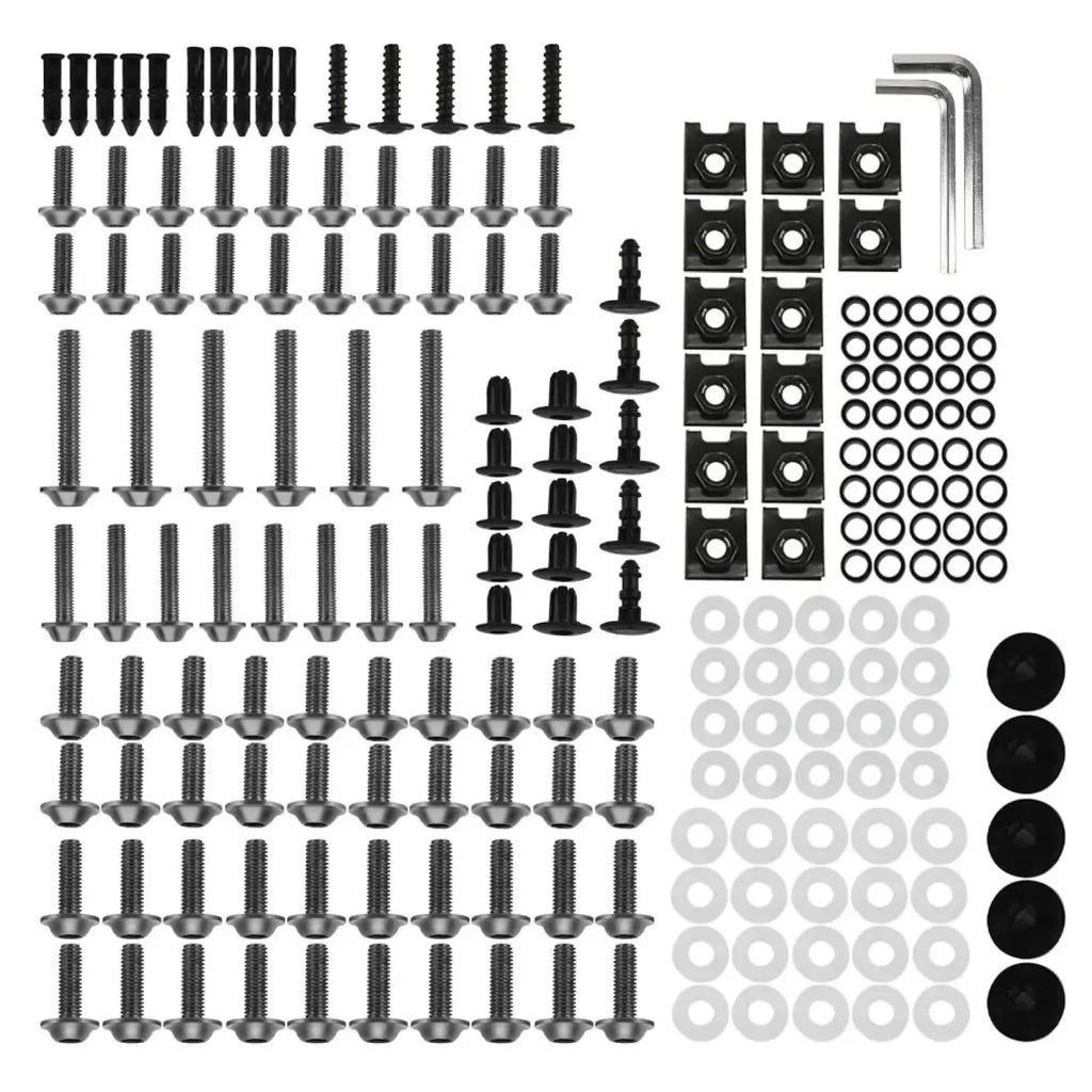 Black and silver metal screws washers and fasteners neatly arranged in rows for honda transalp fairing bolts kit