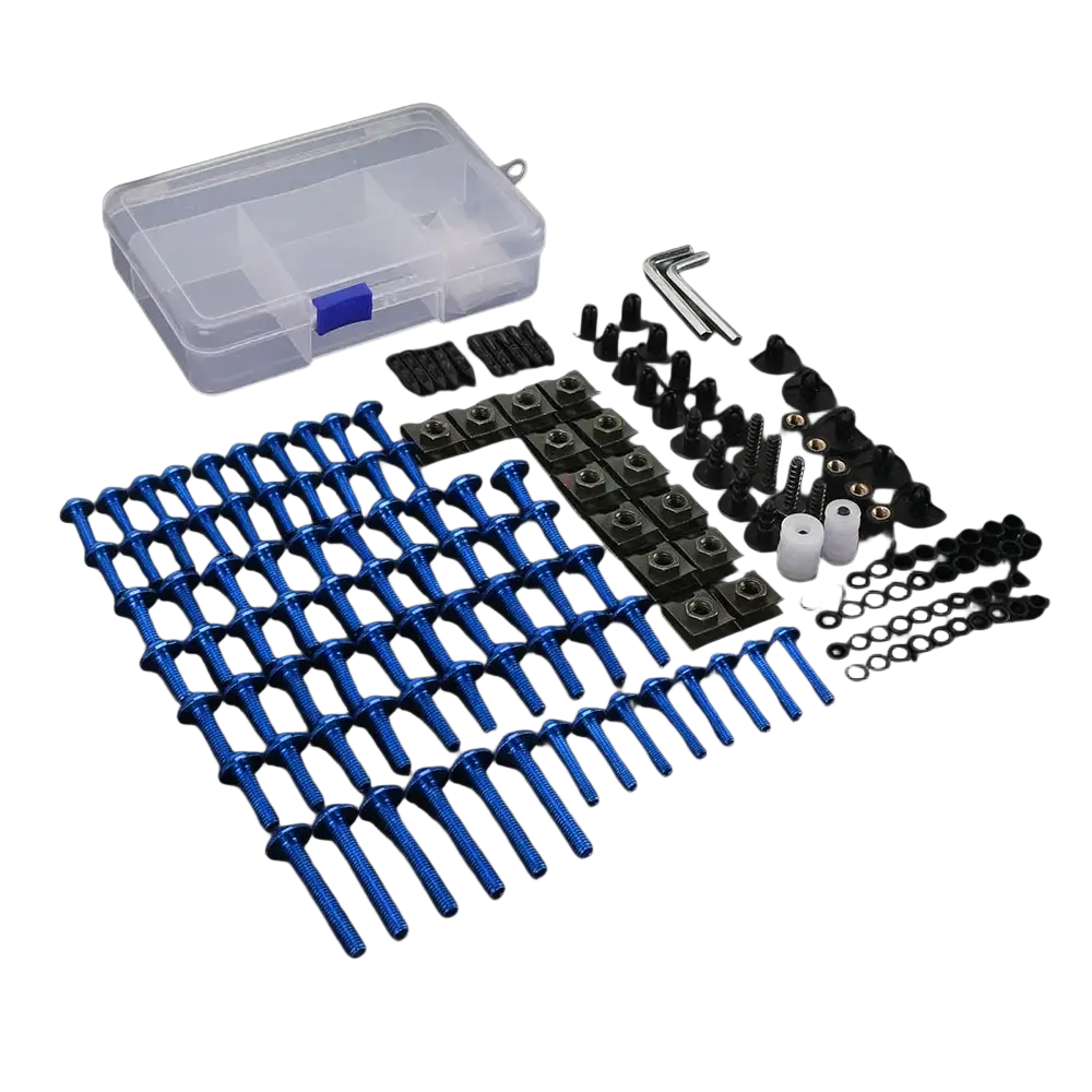 Blue anodized aluminum screws and black fasteners arranged in rows in a honda transalp fairing bolts kit
