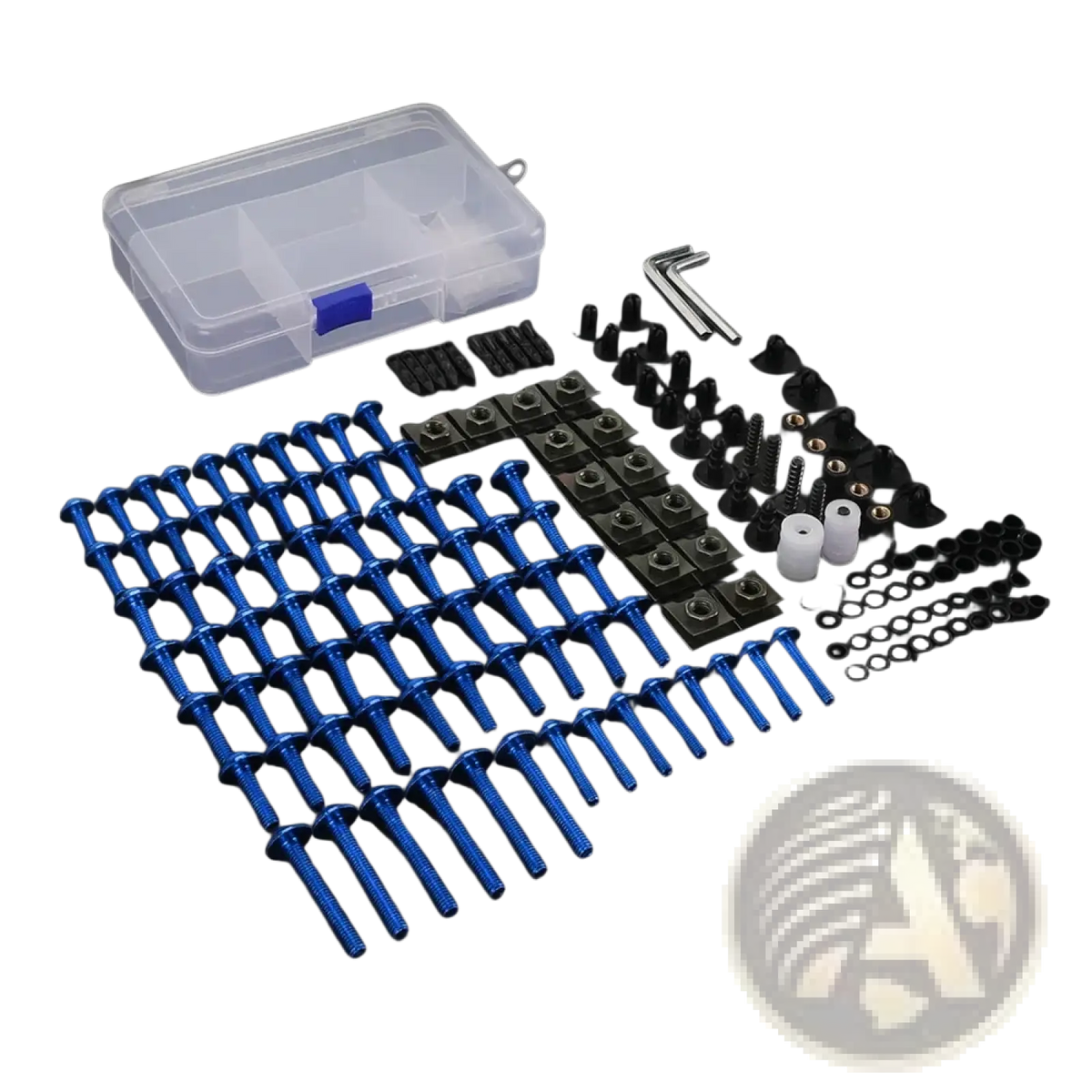 Blue anodized aluminum screws and black fasteners arranged in rows in a honda transalp fairing bolts kit