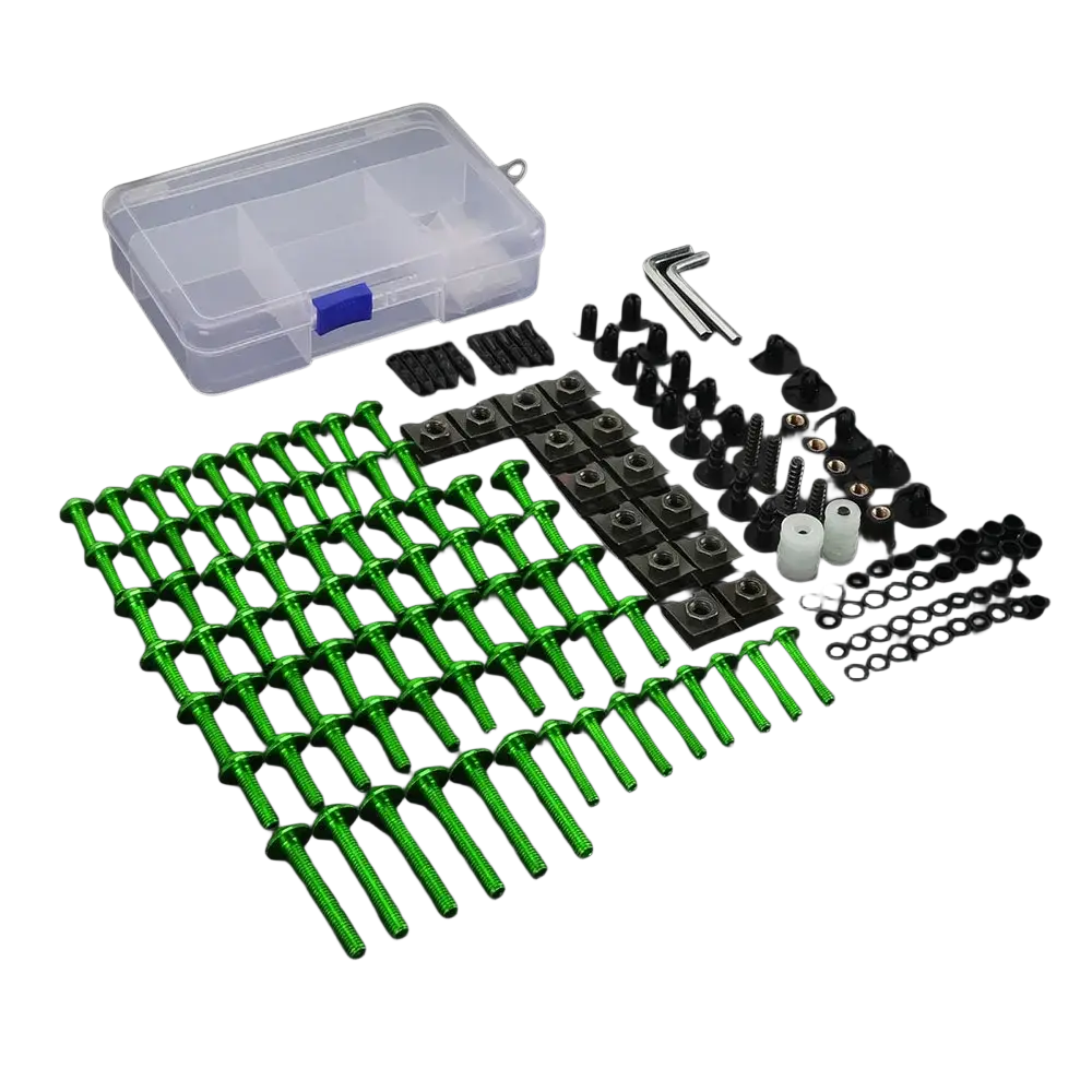 Bright green metallic screws with black fasteners neatly arranged in a Honda Transalp fairing bolts kit
