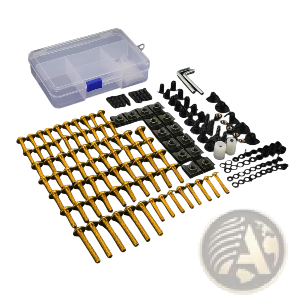 Golden metallic screws and black fasteners arranged in rows in a honda transalp fairing bolts kit