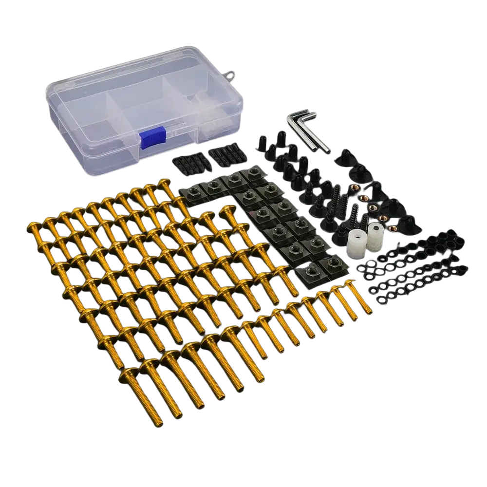 Golden metallic screws and black fasteners arranged in rows in a honda transalp fairing bolts kit