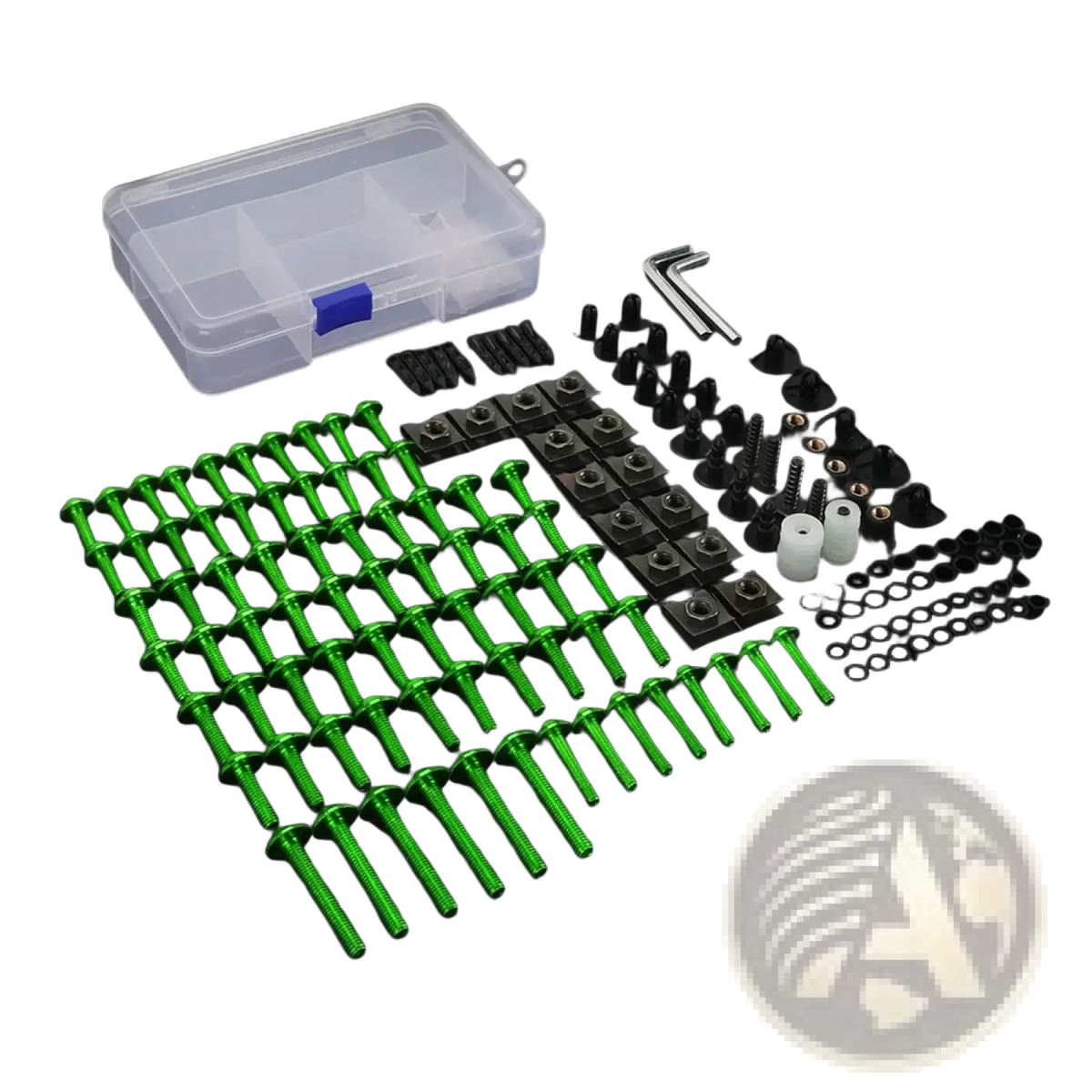 Bright green metallic screws with black fasteners neatly arranged in a Honda Transalp fairing bolts kit