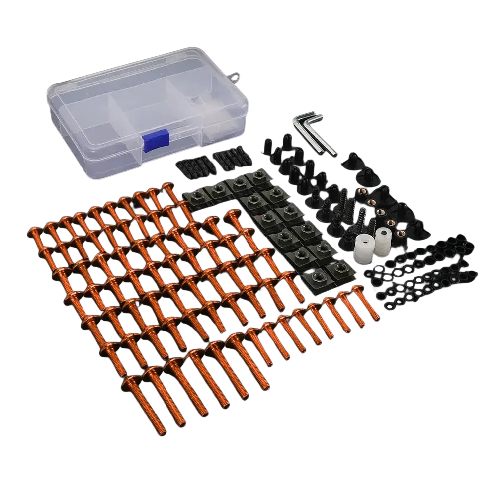 Orange anodized aluminum motorcycle bolt kit with black plastic and metal fasteners for honda transalp fairing