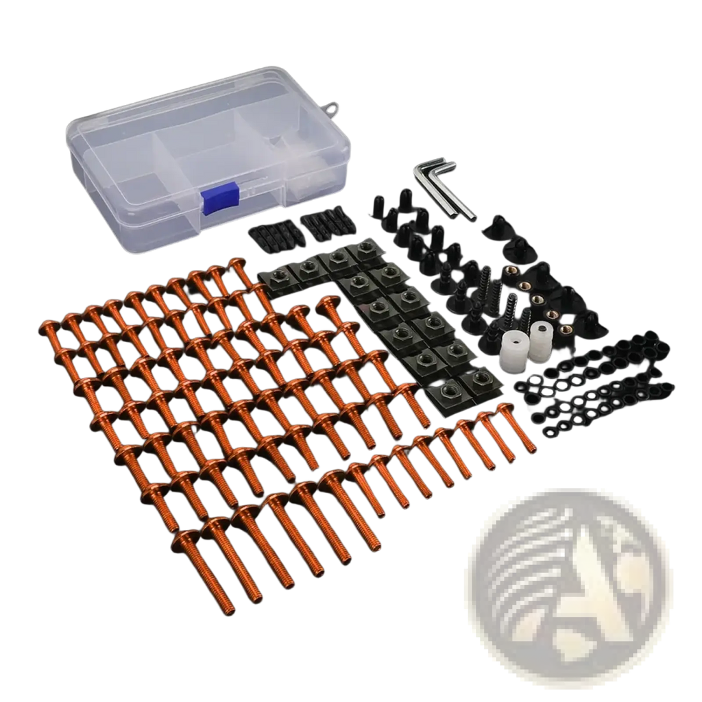 Orange anodized aluminum motorcycle bolt kit with black plastic and metal fasteners for honda transalp fairing