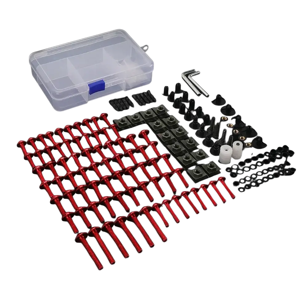 Honda Transalp fairing bolts kit with red metallic screws and black fasteners organized in a clear plastic storage box