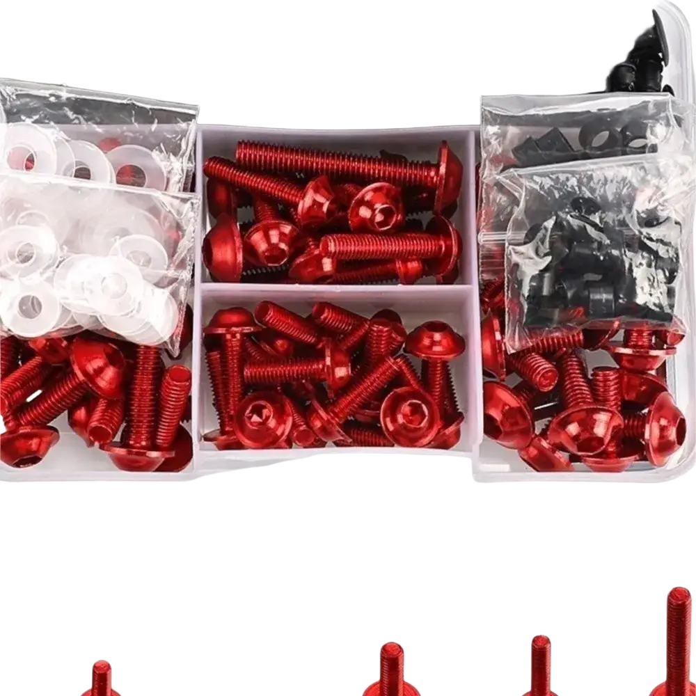 Honda Transalp fairing bolts kit with red metallic rounded head screws and black and white fasteners in a clear organizer