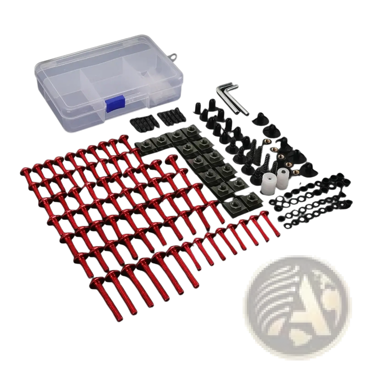Honda Transalp fairing bolts kit with red metallic screws and black fasteners organized in a clear plastic storage box