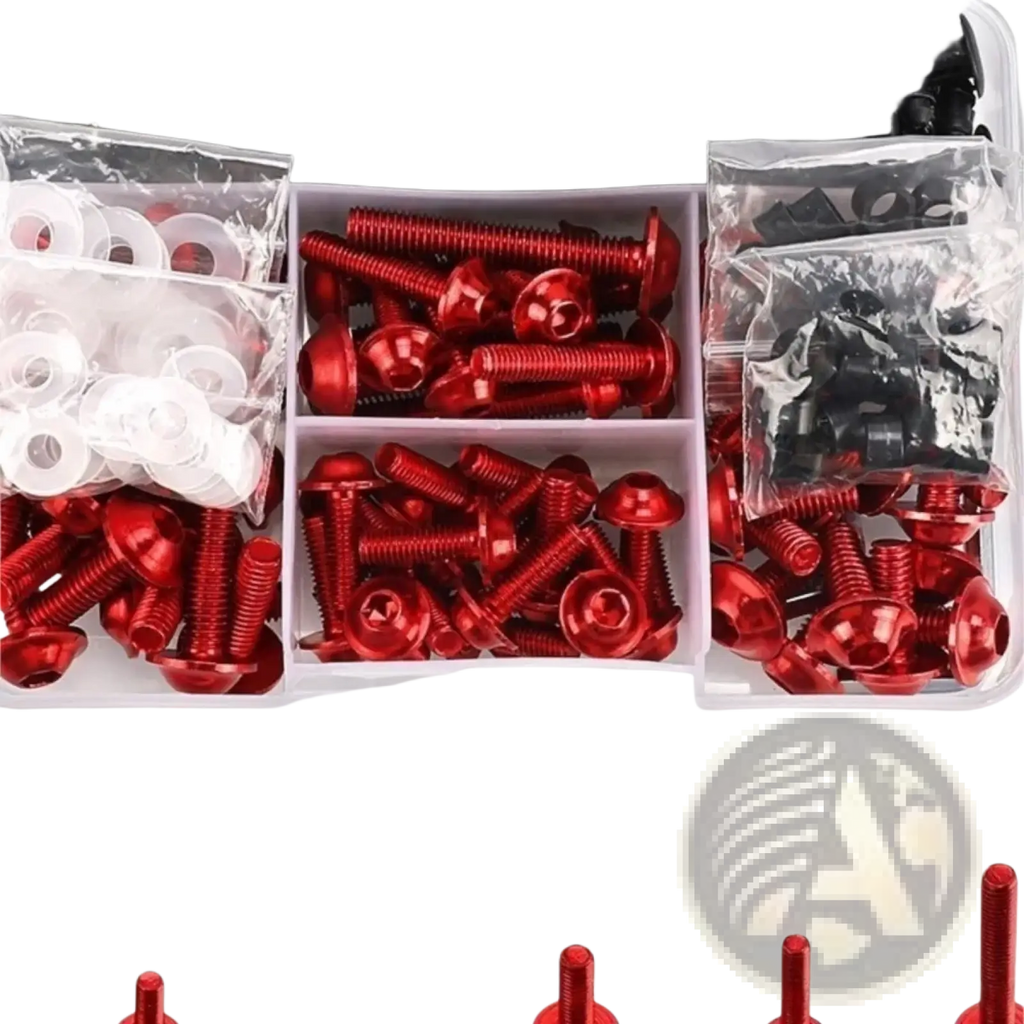 Honda Transalp fairing bolts kit with red metallic rounded head screws and black and white fasteners in a clear organizer